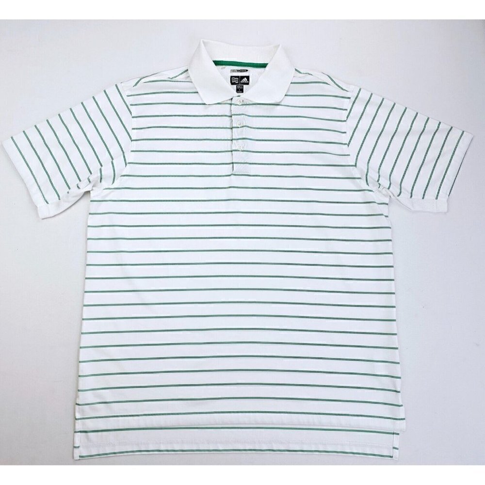 Adidas Climacool Size Large Men's White Green Stripe Neck Embroidered Logo Polo